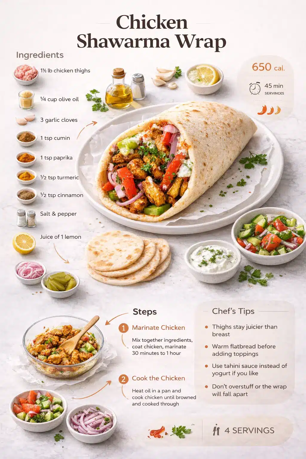 Chicken Shawarma Wrap recipe infographic showing ingredients, steps, and finished wrap