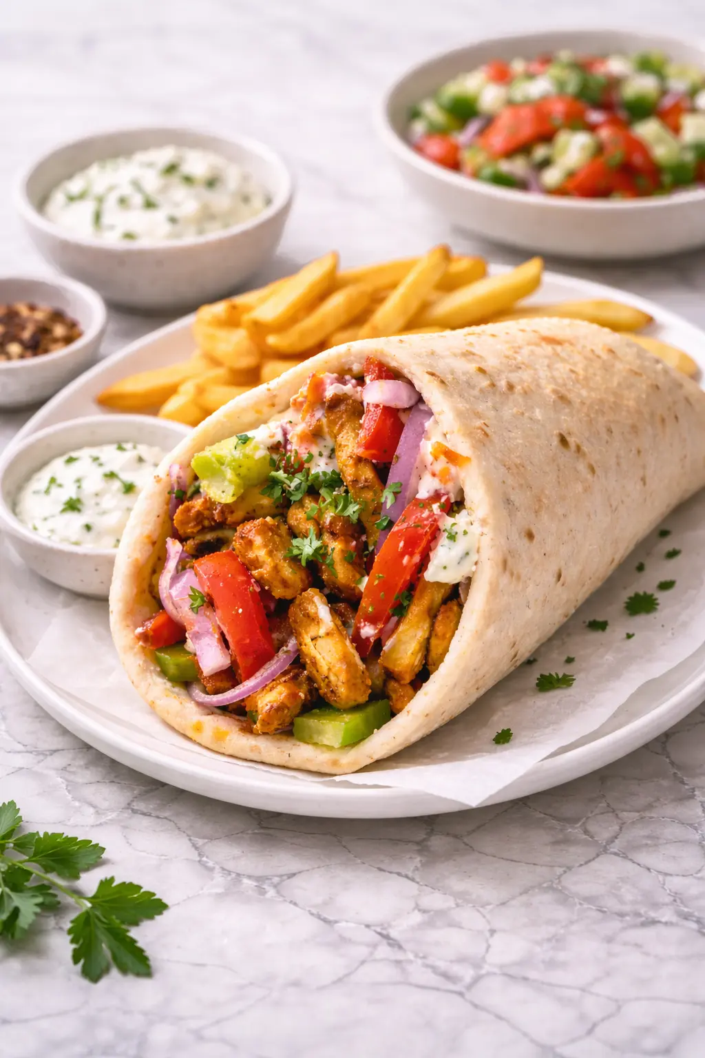 Chicken Shawarma Wrap served on a plate with fries, sauce, and salad as part of a home meal
