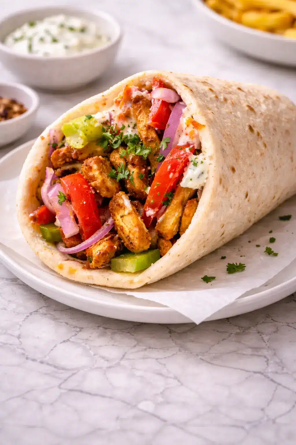 Chicken Shawarma Wrap filled with spiced chicken, vegetables, and garlic sauce in warm flatbread