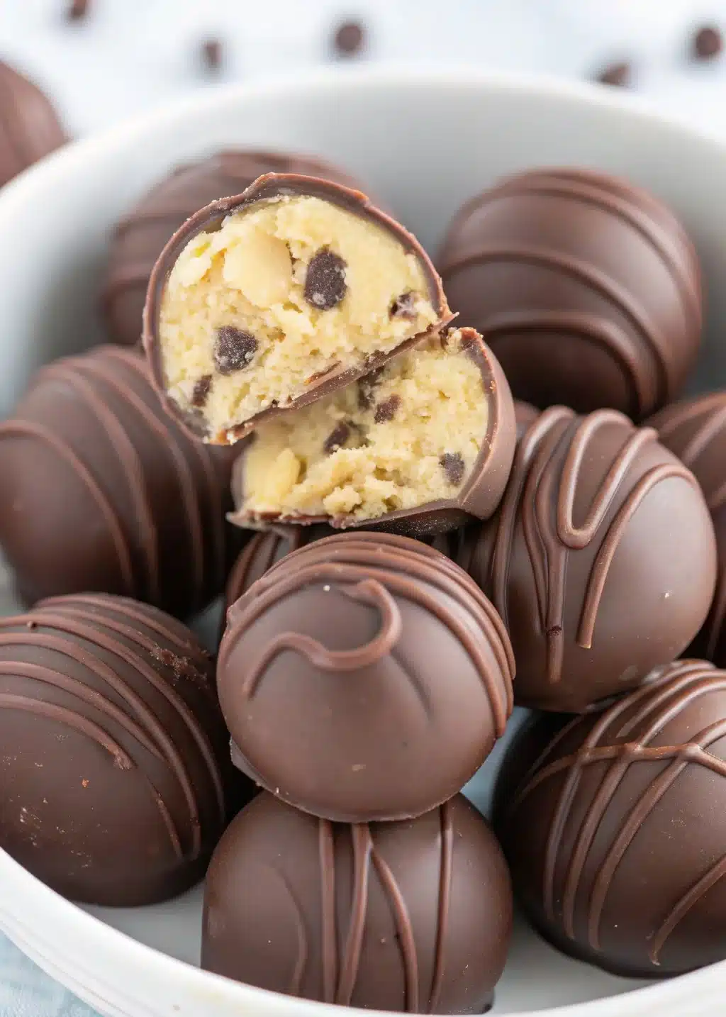 Delicious chocolate chip cookie dough truffles coated in chocolate