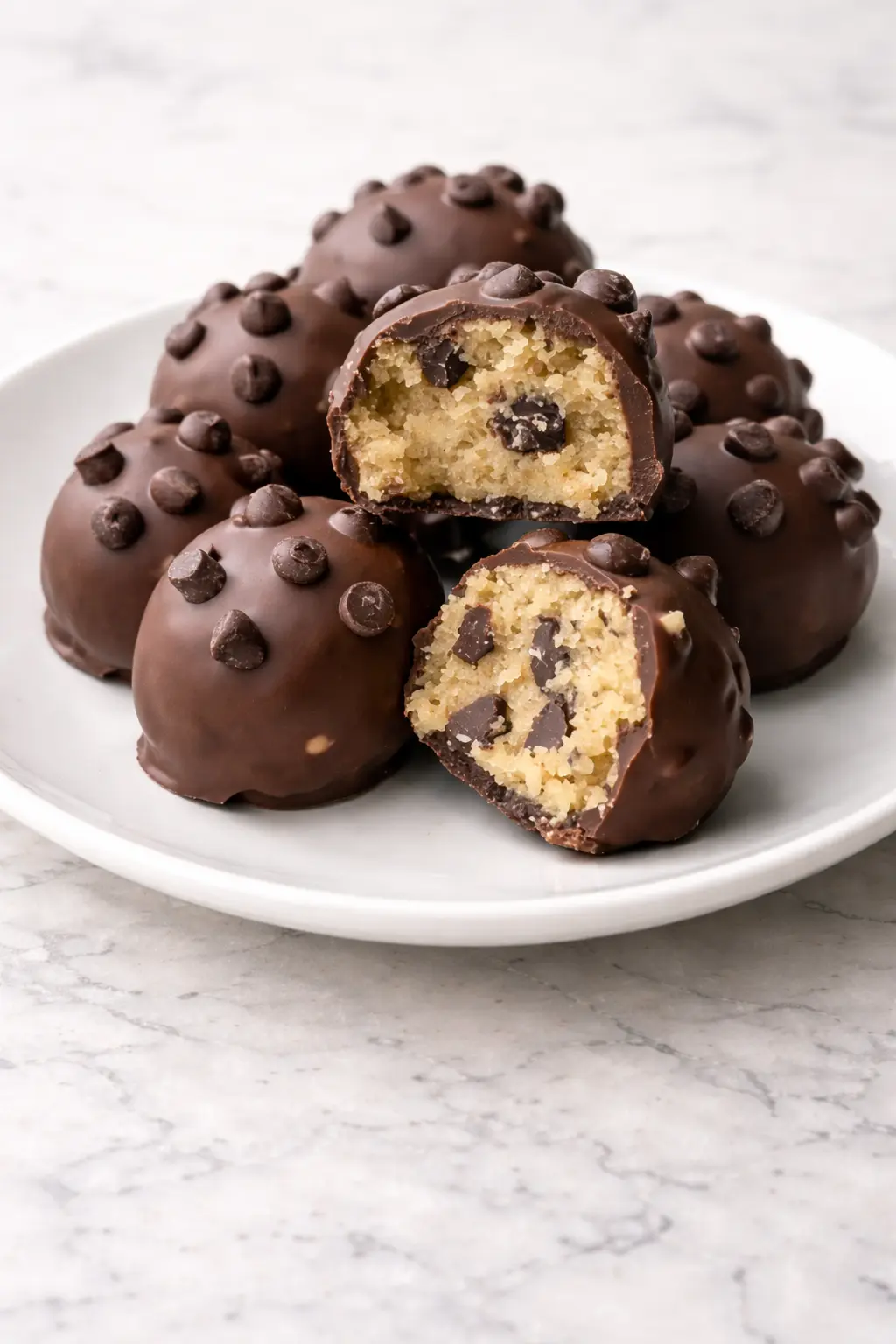 Chocolate chip cookie dough truffles with a soft center and chocolate coating, served on a white plate