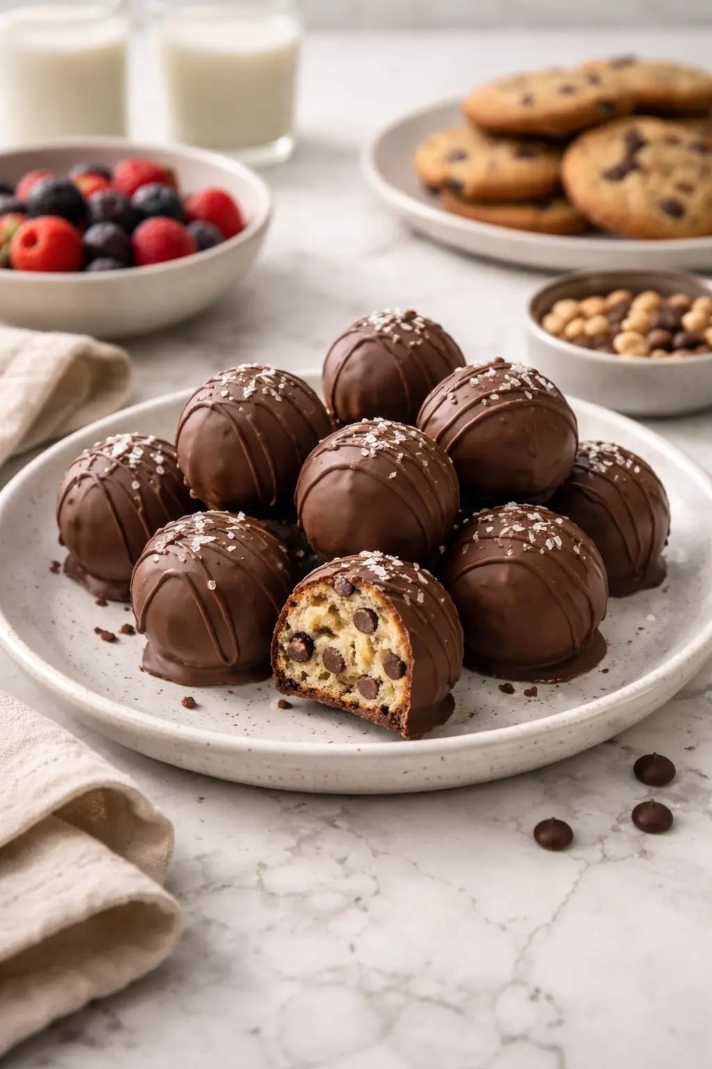 Chocolate chip cookie dough truffles served on a plate with simple sides on a white marble table