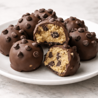 Chocolate chip cookie dough truffles with a soft cookie dough center and chocolate coating on a white plate