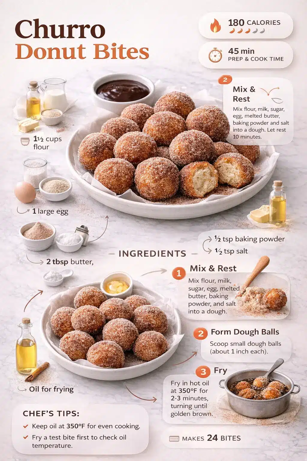 Churro Donut Bites Churro donut bites recipe infographic with ingredients, frying steps, and cinnamon sugar coating