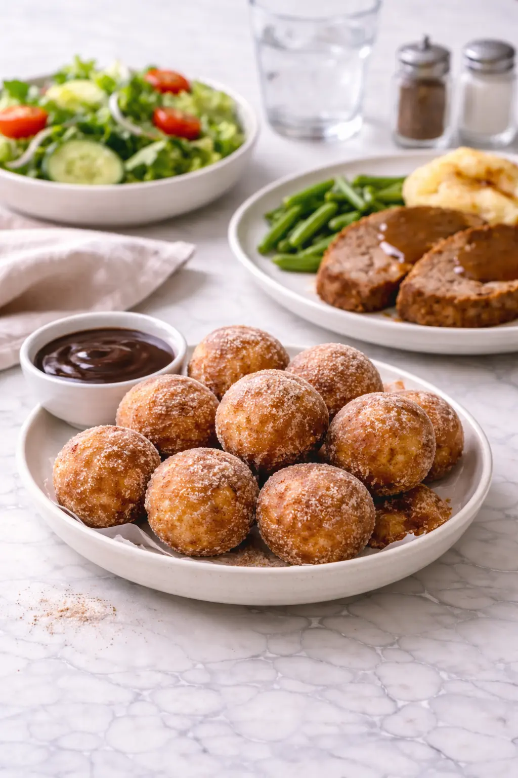 Churro Donut Bites Churro donut bites served with chocolate sauce as part of a home-style meal