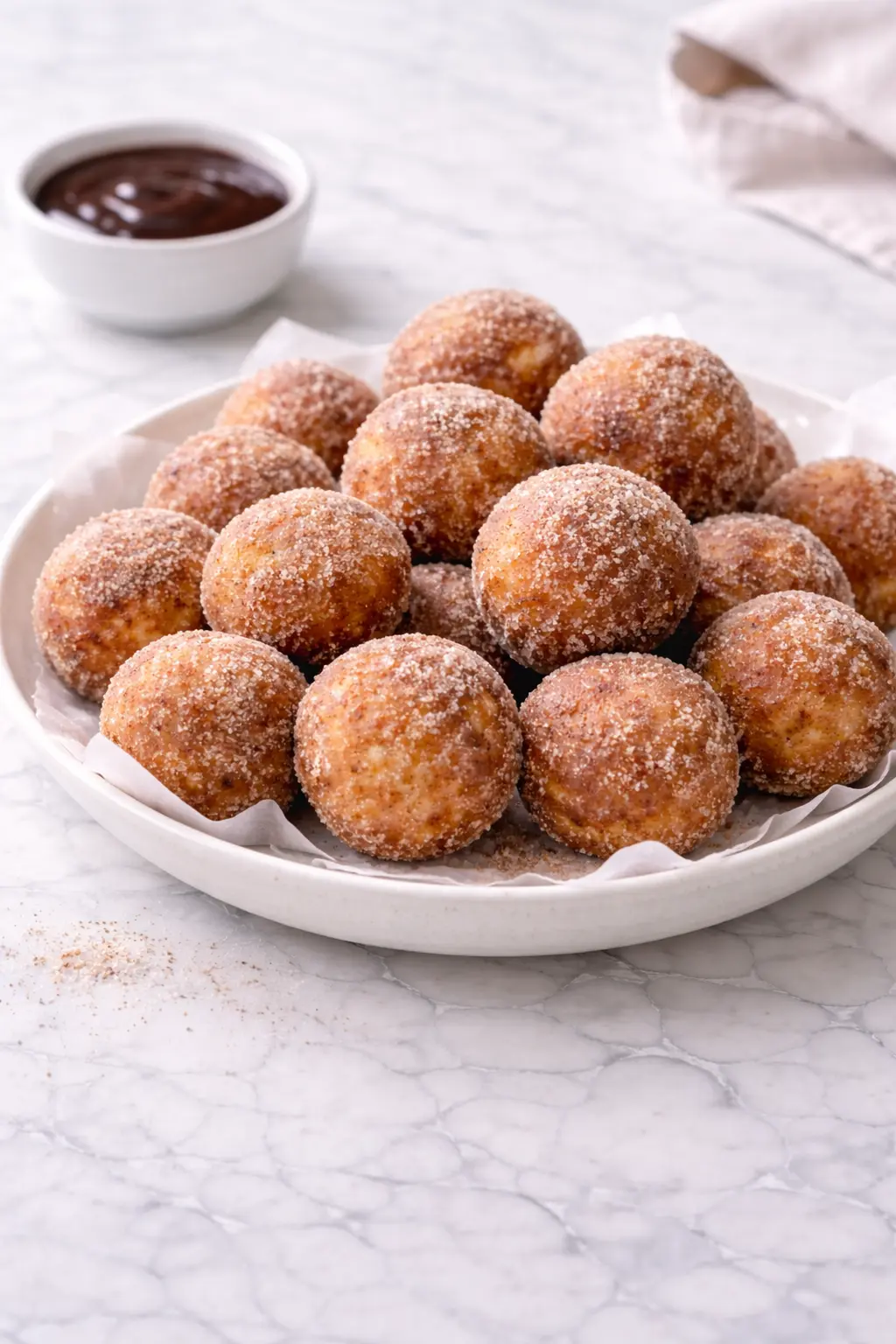 Churro Donut Bites Vertical 9x16 churro donut bites coated in cinnamon sugar on white marble table