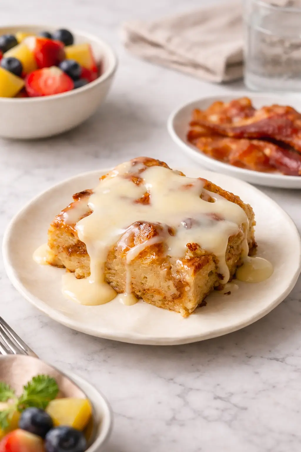 Cinnamon bread pudding with warm vanilla sauce, bacon, and fresh fruit for breakfast—gooey dessert turned morning treat close-up.