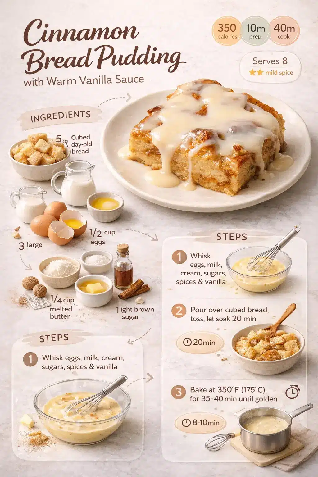 Infographic for cinnamon bread pudding with warm vanilla sauce recipe: ingredients, step-by-step instructions, 35 min prep, 40 min bake, serves 8.