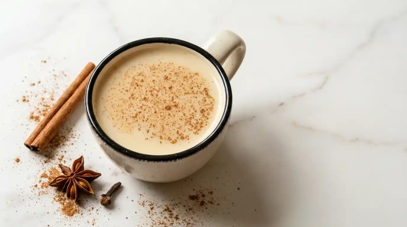 Cinnamon Tea, freshly brewed and ready to serve, presented on a clean white marble surface with natural daylight. Photorealistic.