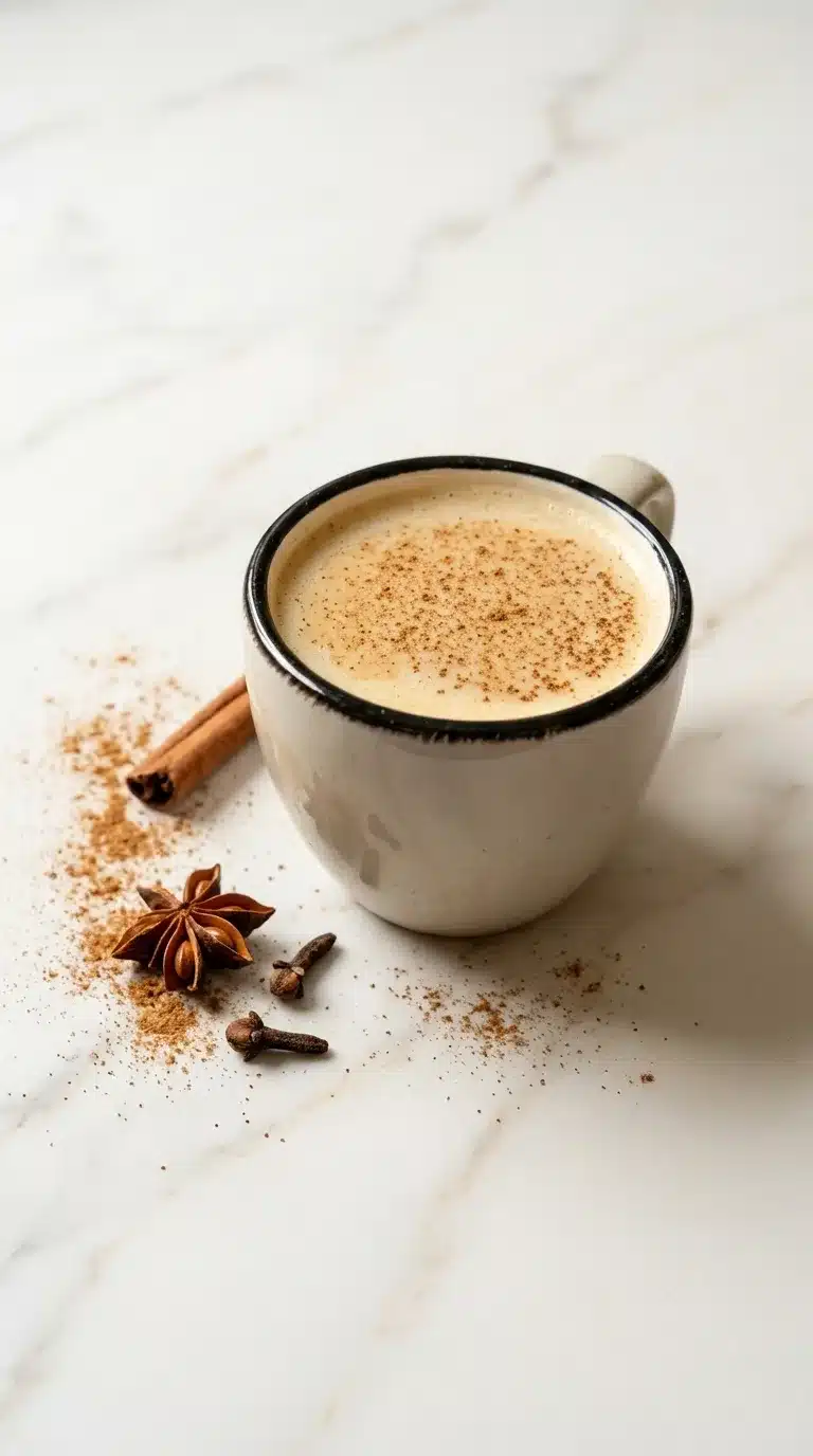 Photorealistic cinnamon tea, ready to serve, on white marble with warm off-white tones, natural daylight, home kitchen feel.