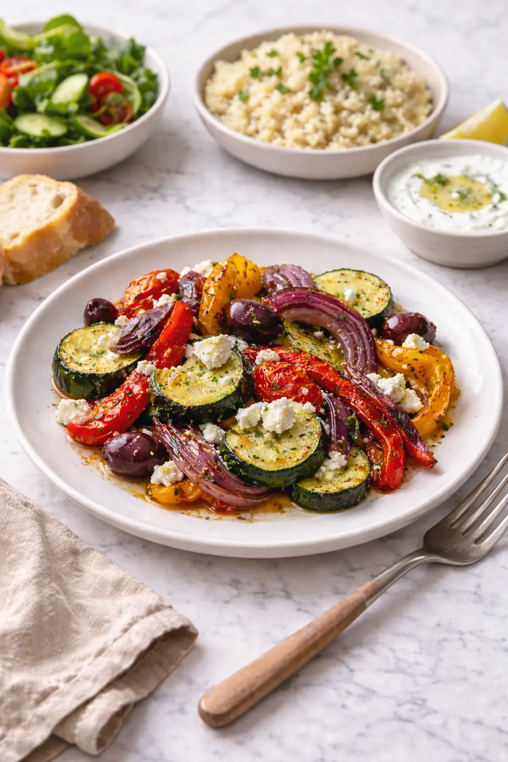 Plated roasted zucchini, peppers, onions, feta, olives with side salad, couscous, tzatziki yogurt dip, lemon, bread on marble surface with fork.