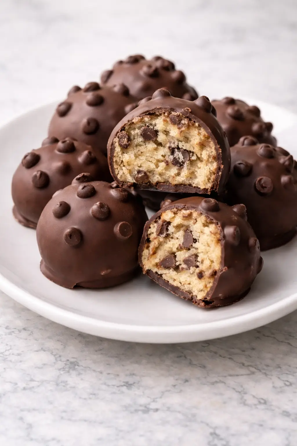 Cookie Dough Truffles coated in chocolate with a soft cookie dough center on a white plate