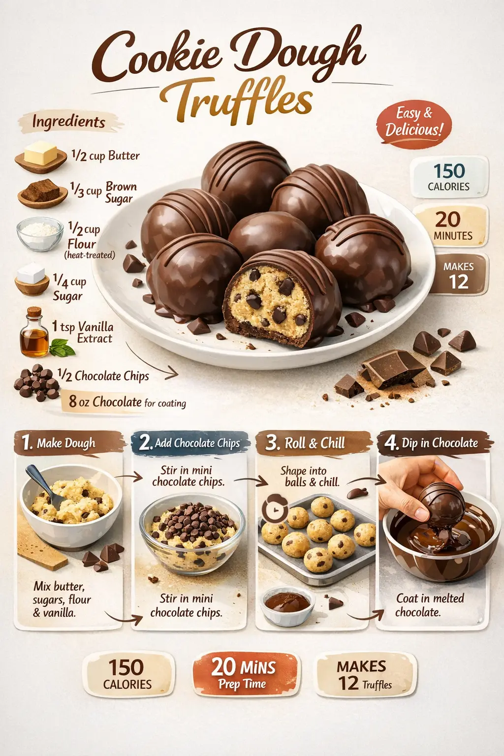Ultra-clean modern recipe infographic showing chocolate-covered cookie dough truffles with ingredients, steps, and nutrition details