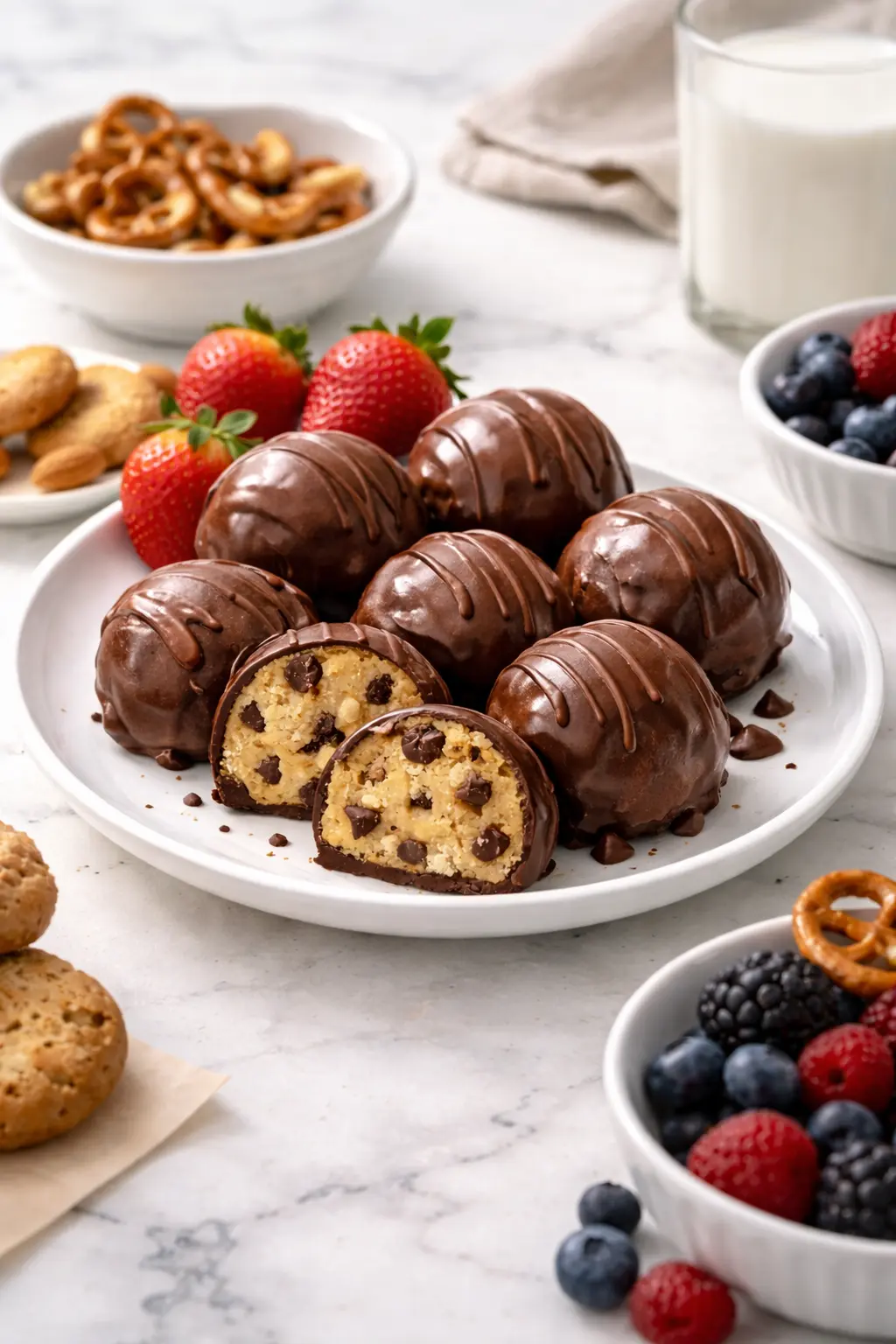 Cookie dough truffles coated in chocolate and served on a plate with simple sides