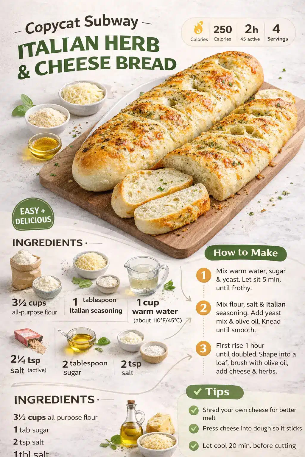 Recipe infographic showing Copycat Subway Italian Herb & Cheese Bread with ingredients, steps, and a finished sliced loaf