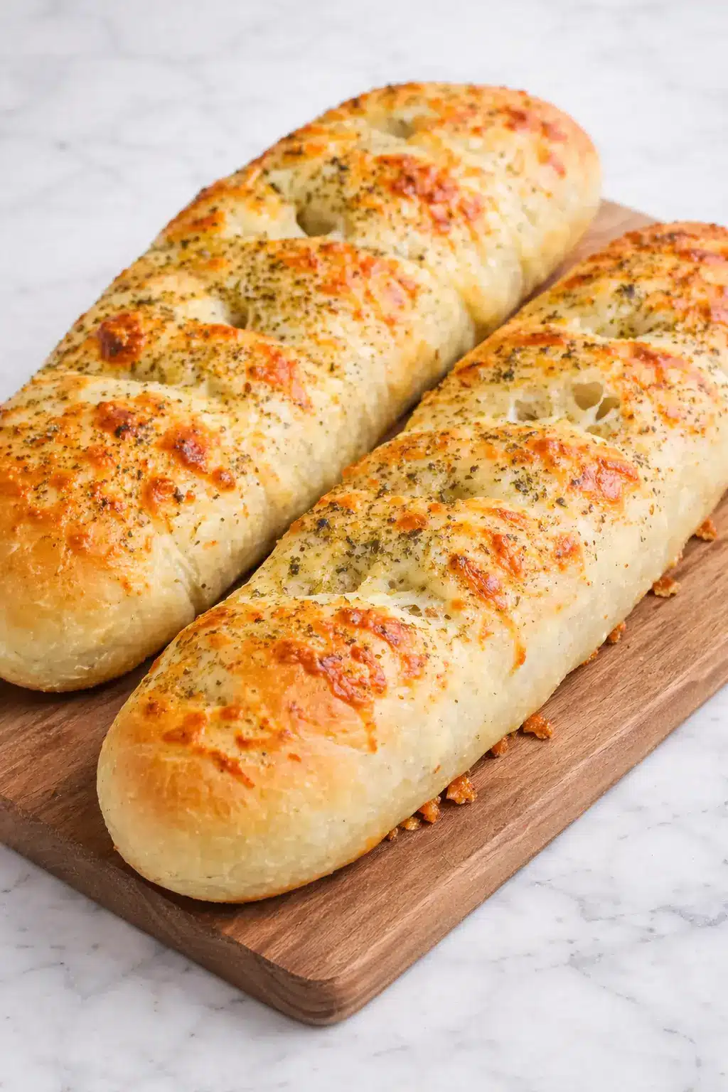 Vertical image of Copycat Subway Italian Herb & Cheese Bread with a golden cheese crust and soft interior on a marble surface