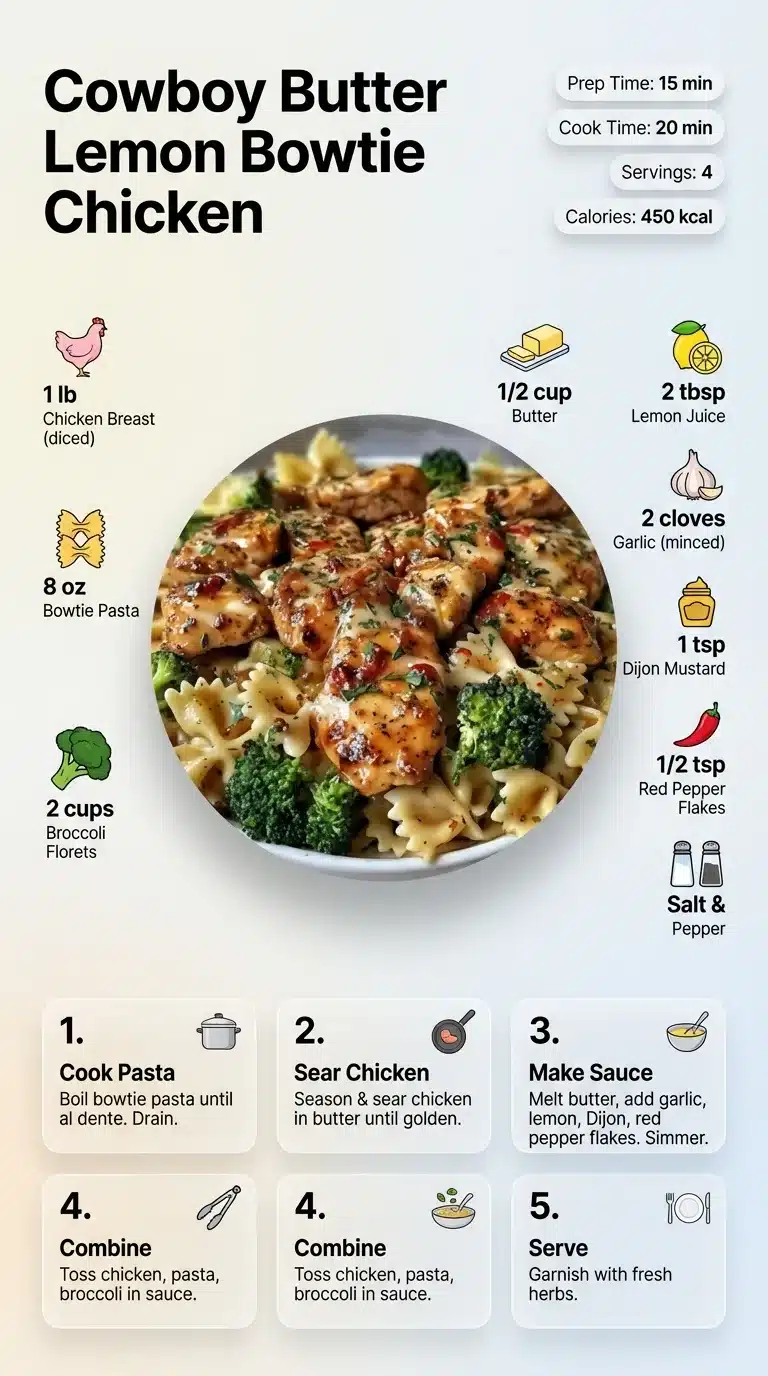 Cowboy Butter Lemon Bowtie Chicken Cowboy Butter Lemon Bowtie Chicken recipe infographic with finished dish, ingredients, and step-by-step cooking guide.