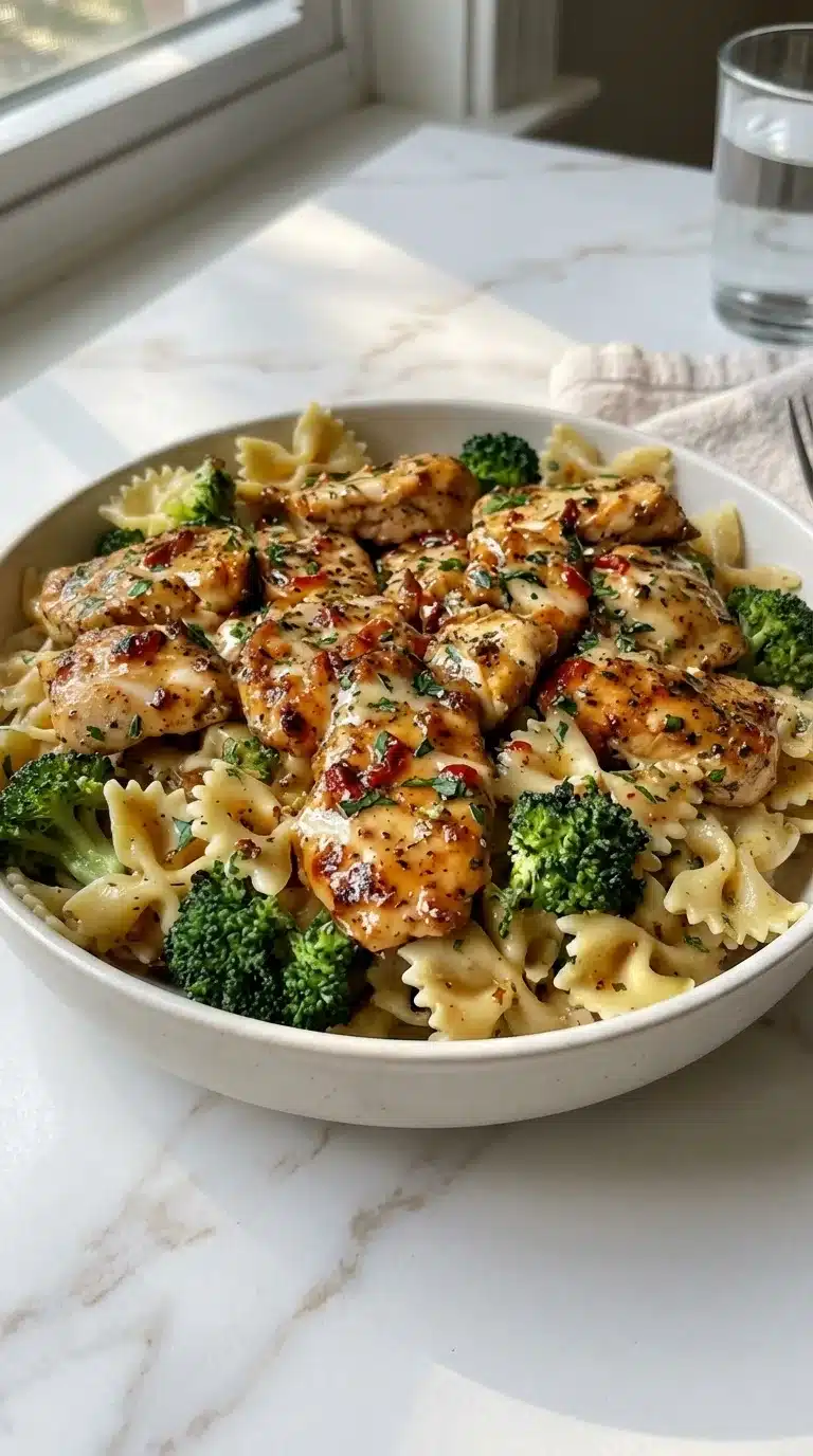 Cowboy Butter Lemon Bowtie Chicken Cowboy Butter Lemon Bowtie Chicken served as a fresh, everyday meal on white marble, with natural daylight.