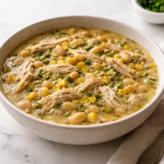Creamy chicken soup with white beans, corn, and fresh herbs served in a bowl