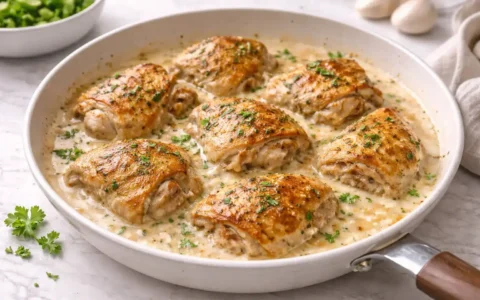 Creamy garlic chicken thighs cooked in a rich garlic cream sauce and served hot in a skillet