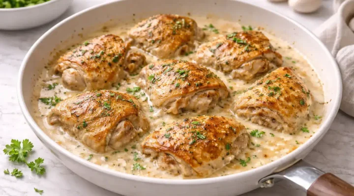 Creamy garlic chicken thighs cooked in a rich garlic cream sauce and served hot in a skillet