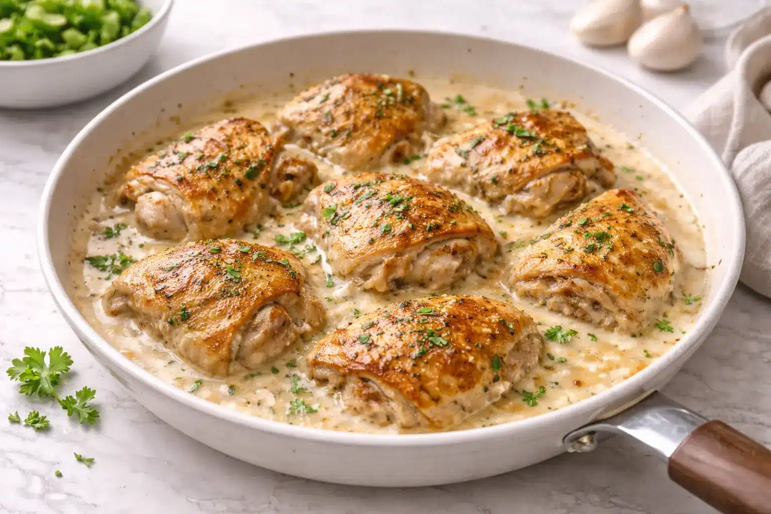 Creamy garlic chicken thighs cooked in a rich garlic cream sauce and served hot in a skillet