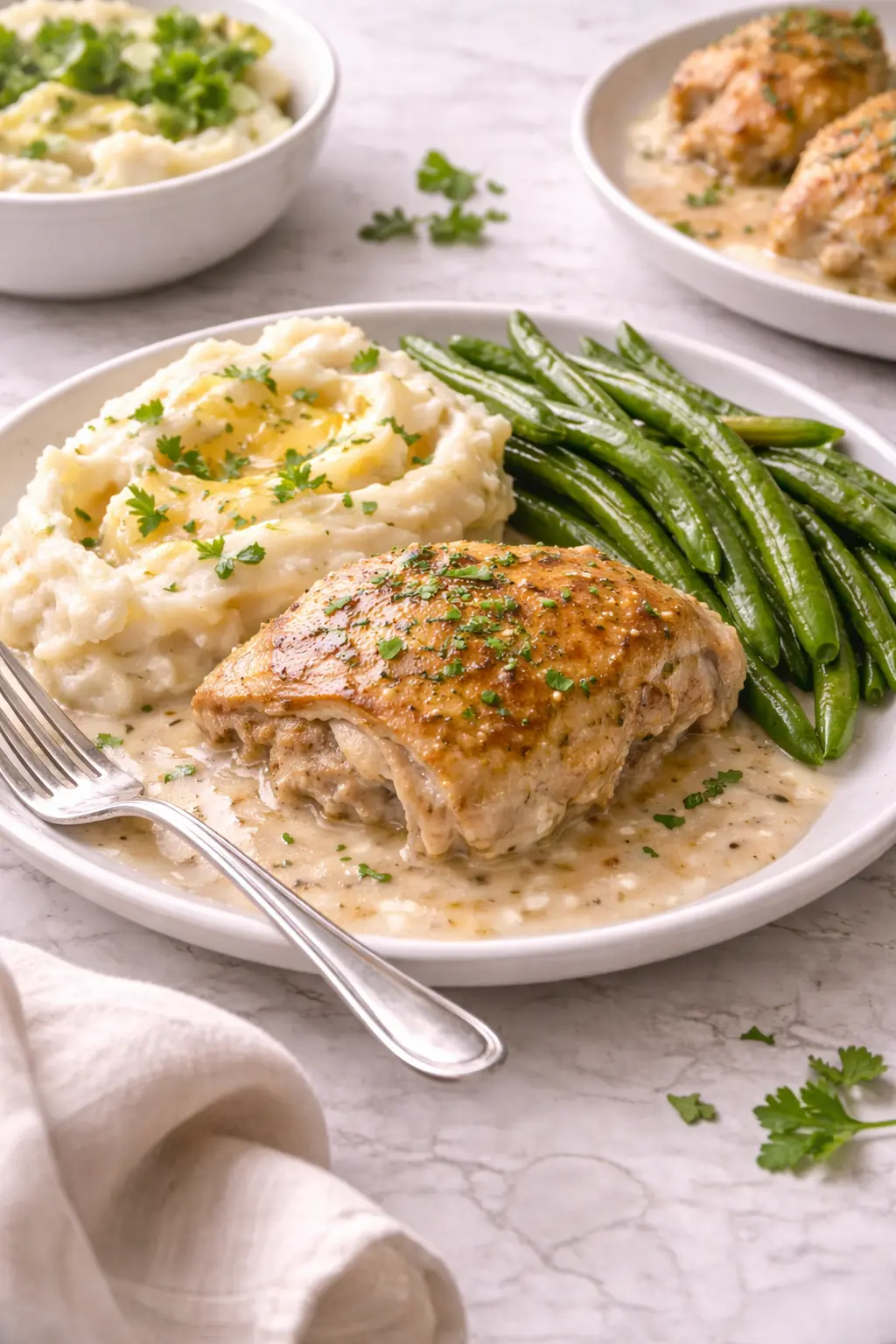 Creamy garlic chicken thighs served with mashed potatoes and green beans as a complete home-cooked meal