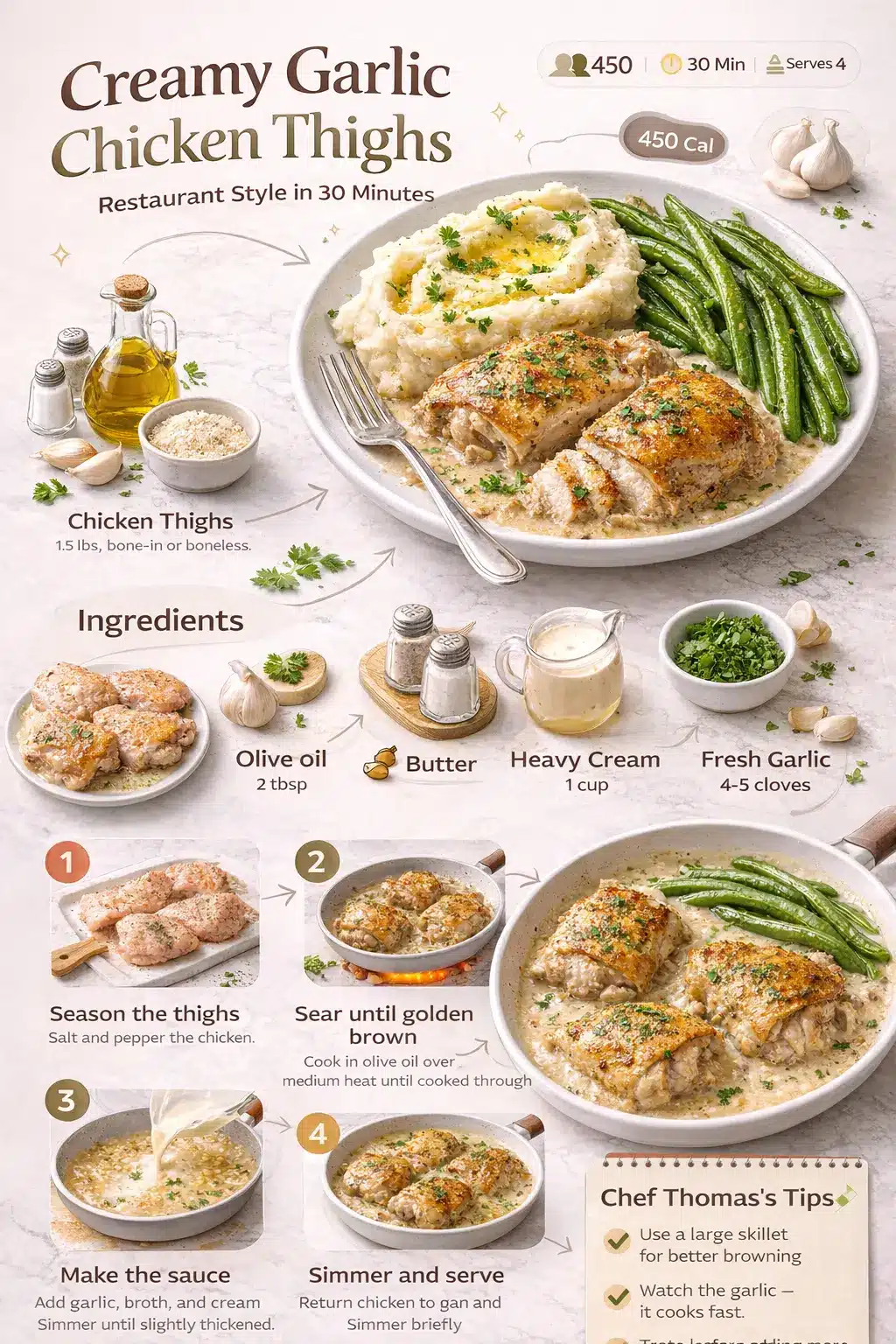 Creamy garlic chicken thighs recipe infographic showing ingredients, cooking steps, and finished dish