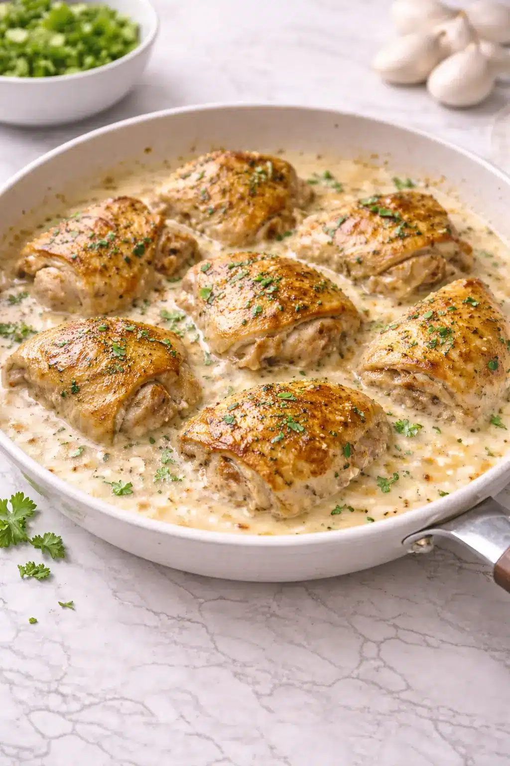 Creamy garlic chicken thighs simmered in a rich cream sauce and served hot in a skillet