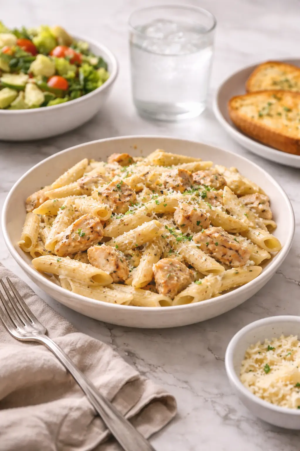 Creamy garlic parmesan chicken pasta served with salad and garlic bread as a complete home-cooked meal