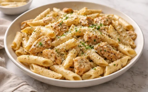 Creamy garlic parmesan chicken pasta served in a bowl with tender chicken and penne in a rich cream sauce