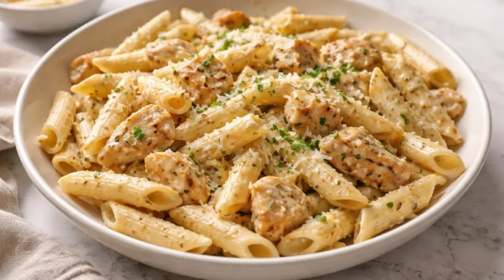 Creamy garlic parmesan chicken pasta served in a bowl with tender chicken and penne in a rich cream sauce