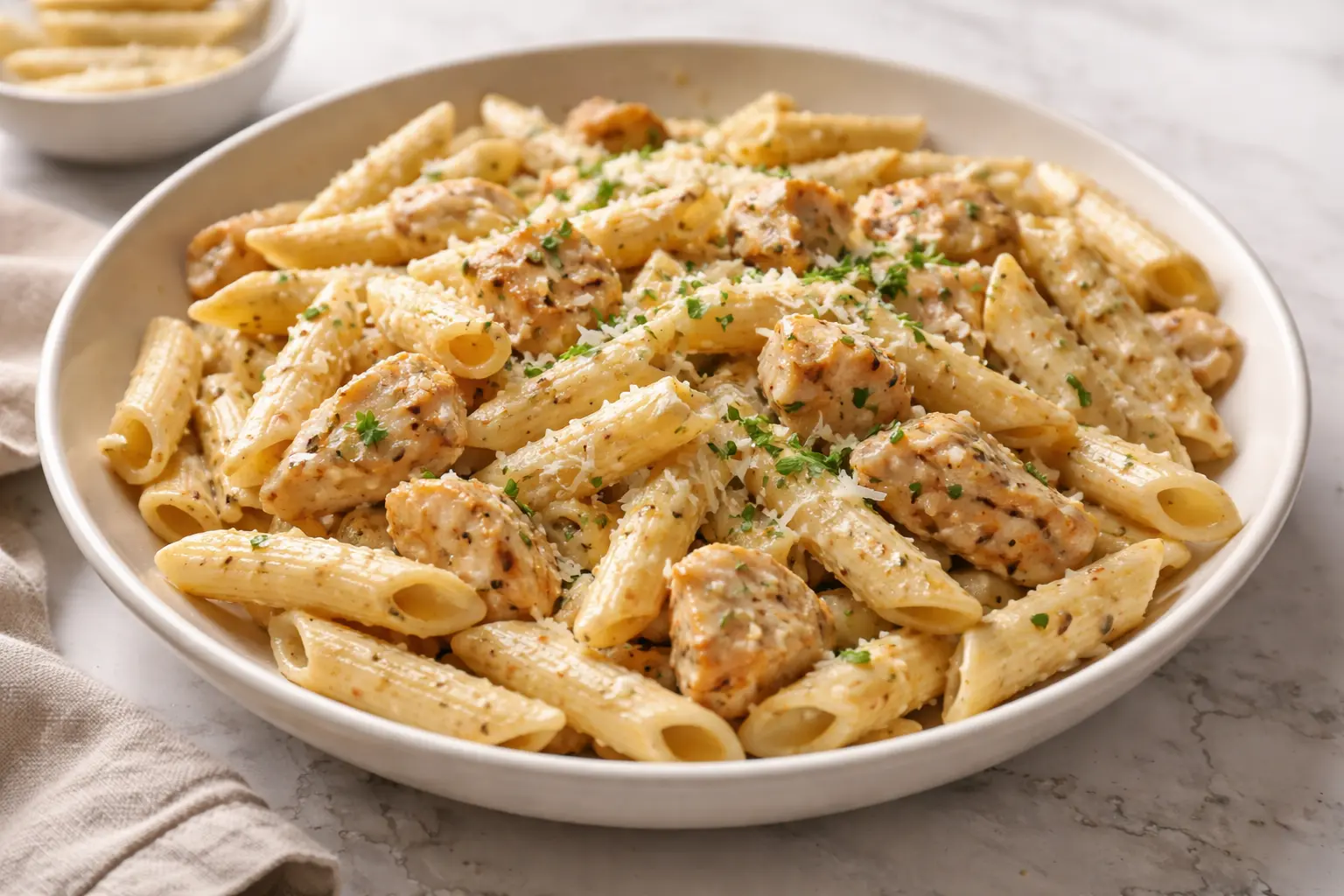 Creamy garlic parmesan chicken pasta served in a bowl with tender chicken and penne in a rich cream sauce
