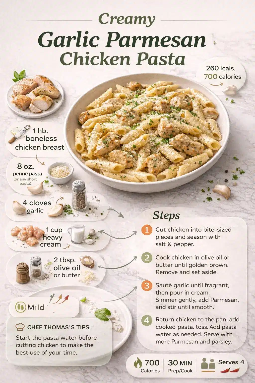 Creamy garlic parmesan chicken pasta recipe infographic showing ingredients, steps, and finished dish
