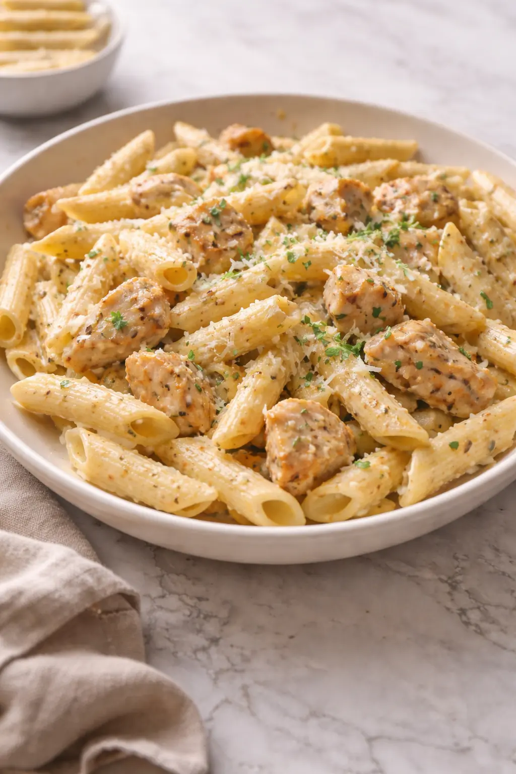 Creamy garlic parmesan chicken pasta in a bowl with penne and tender chicken in a rich cream sauce