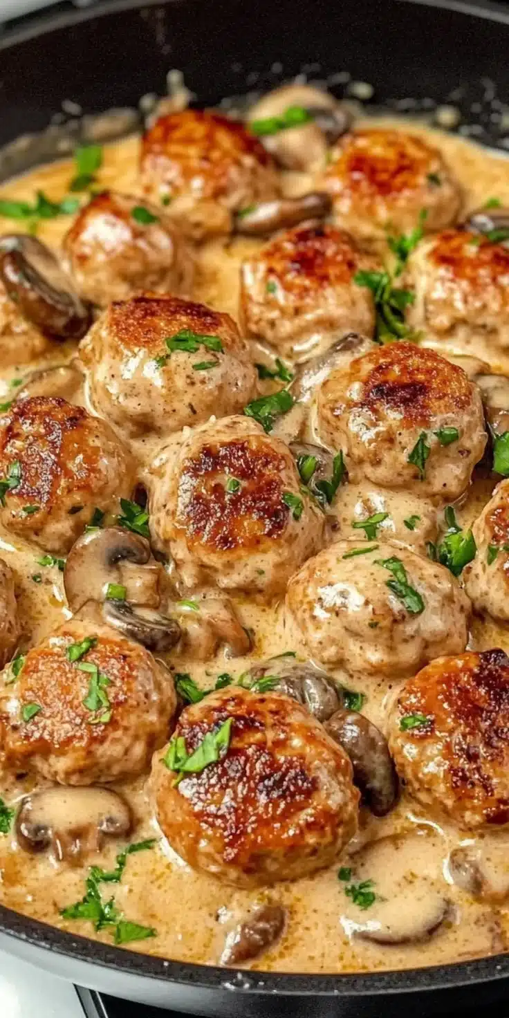 Plate of creamy mushroom chicken meatballs with herbs and sauce