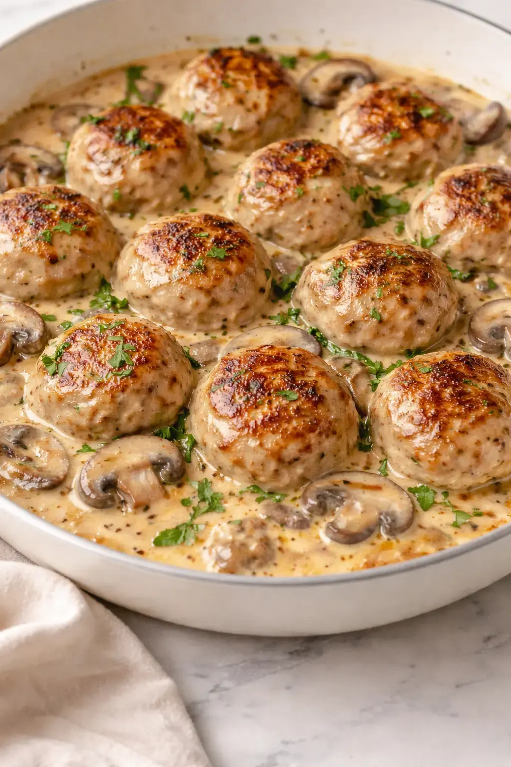 Creamy mushroom chicken meatballs cooked in a skillet with mushrooms and a smooth cream sauce