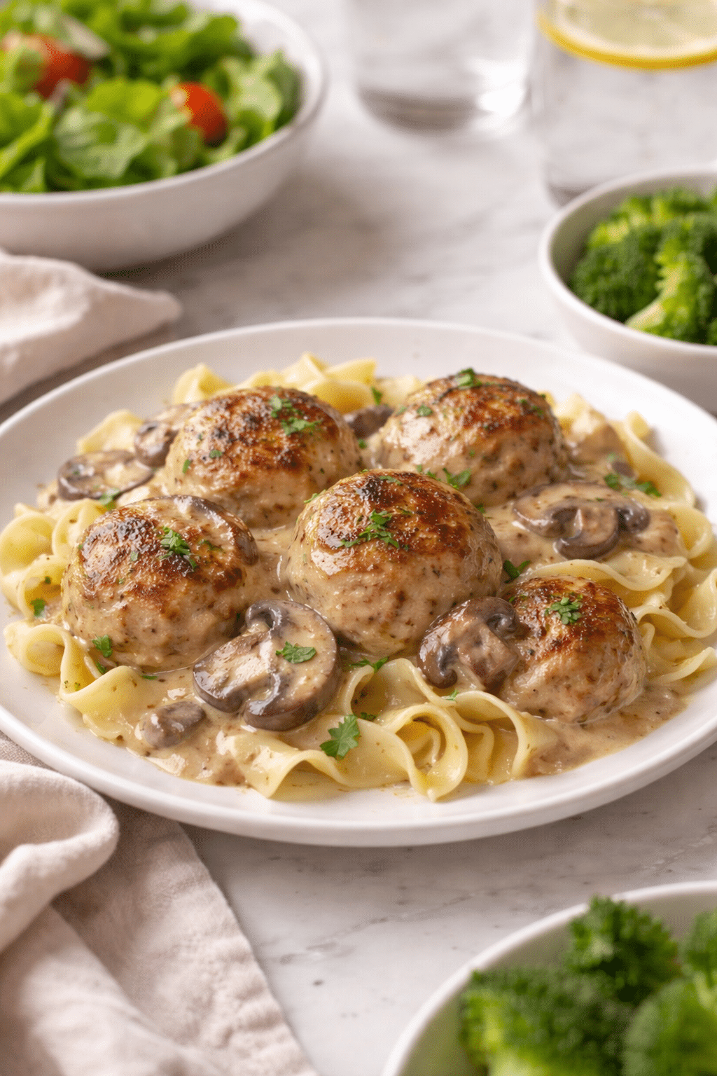 Creamy mushroom chicken meatballs served over noodles with mushrooms and simple sides on a marble table