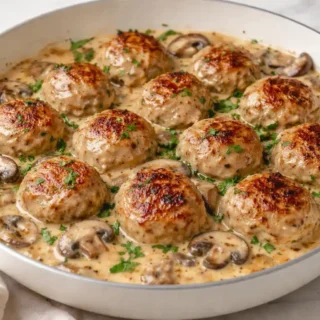 Creamy mushroom chicken meatballs simmered in a rich cream sauce with sliced mushrooms in a skillet