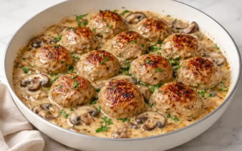 Creamy mushroom chicken meatballs simmered in a rich cream sauce with sliced mushrooms in a skillet
