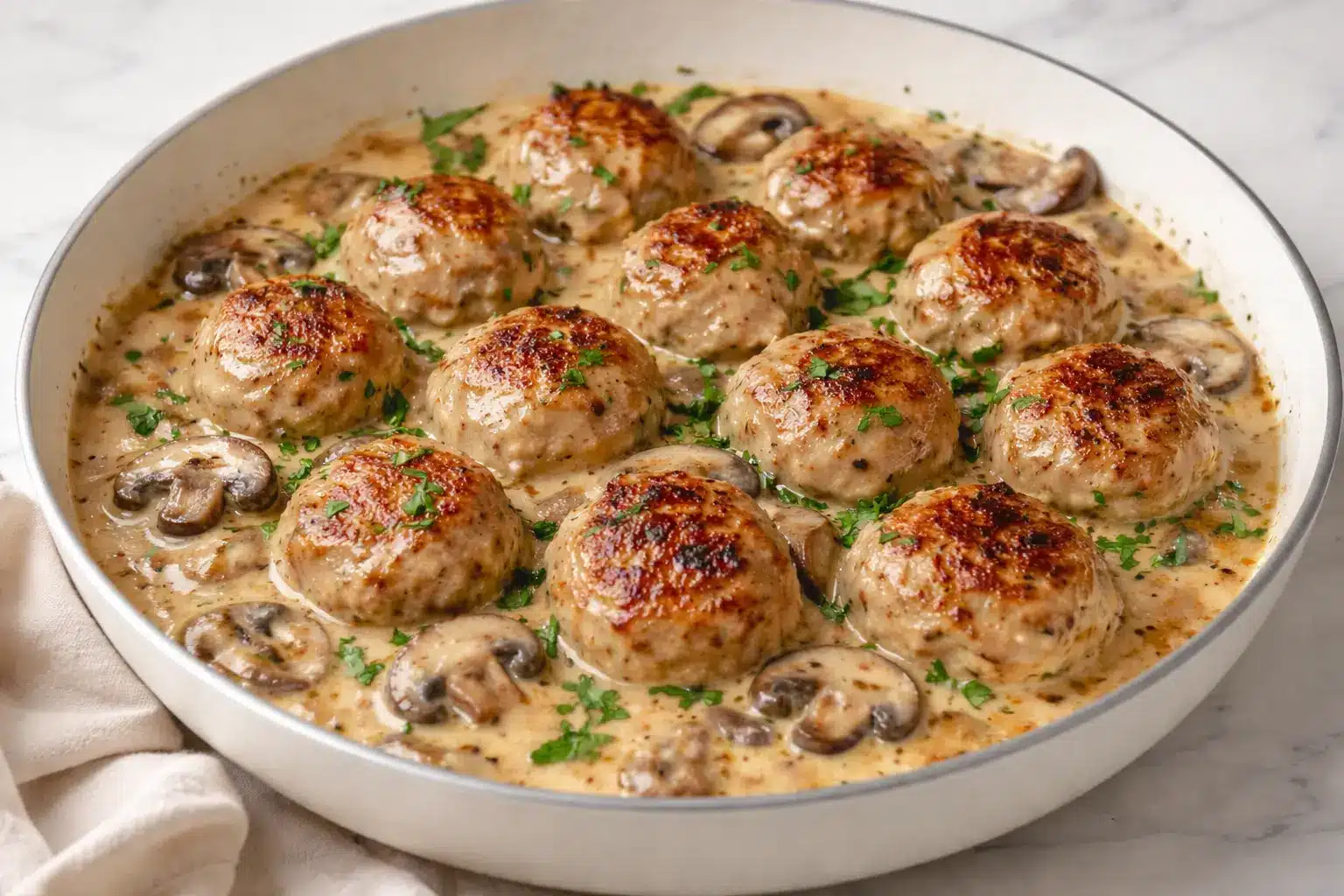 Creamy mushroom chicken meatballs simmered in a rich cream sauce with sliced mushrooms in a skillet