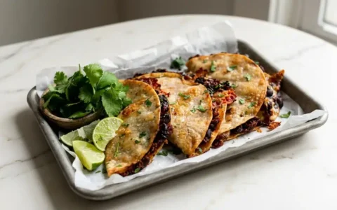 Crispy Black Bean Tacos, photorealistic and naturally plated on white marble, ready to serve. Captured with natural daylight, home kitchen feel.