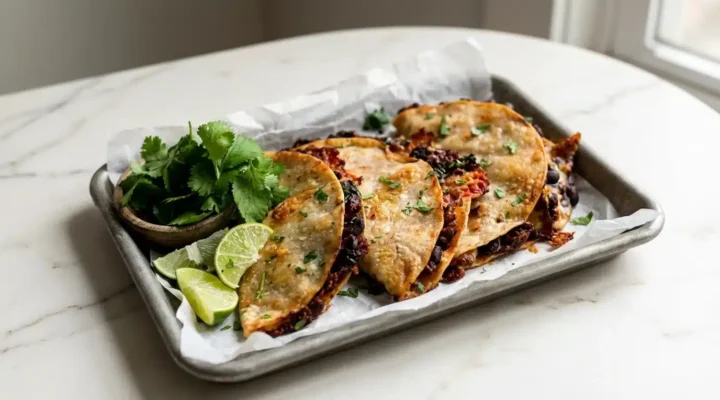 Crispy Black Bean Tacos, photorealistic and naturally plated on white marble, ready to serve. Captured with natural daylight, home kitchen feel.