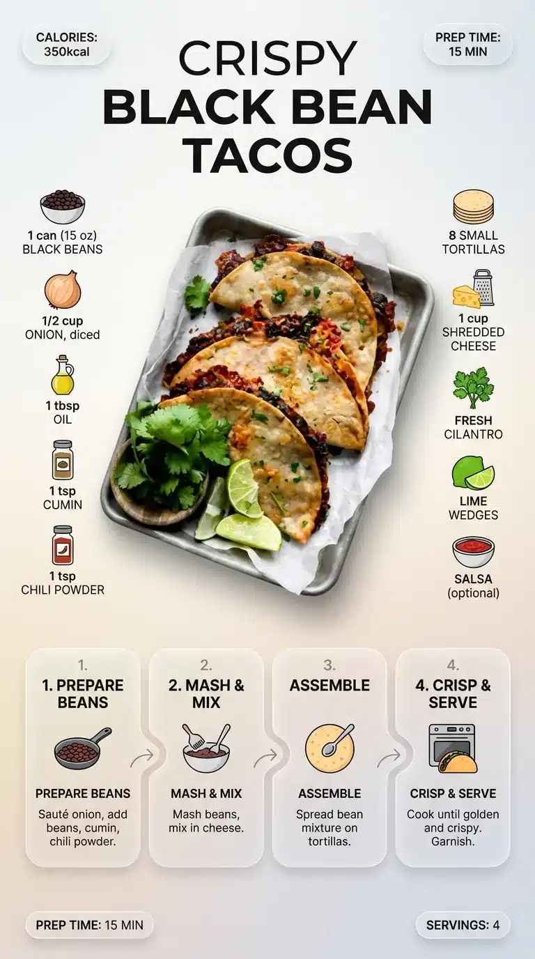 Modern infographic for crispy black bean tacos recipe, featuring plated tacos, ingredients, and step-by-step instructions. 9:16.