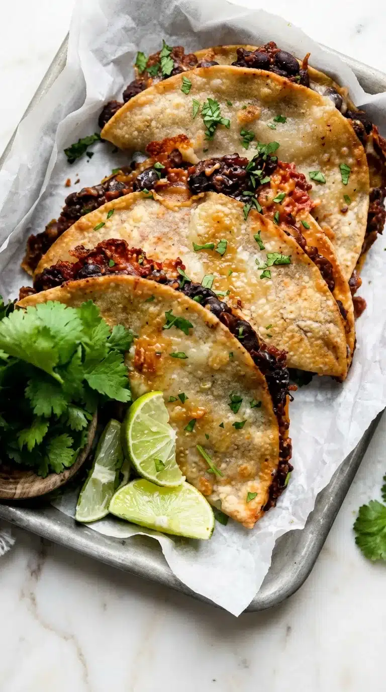 Photorealistic Crispy Black Bean Tacos, freshly cooked and naturally plated on white marble. Perfect for a home kitchen feel.