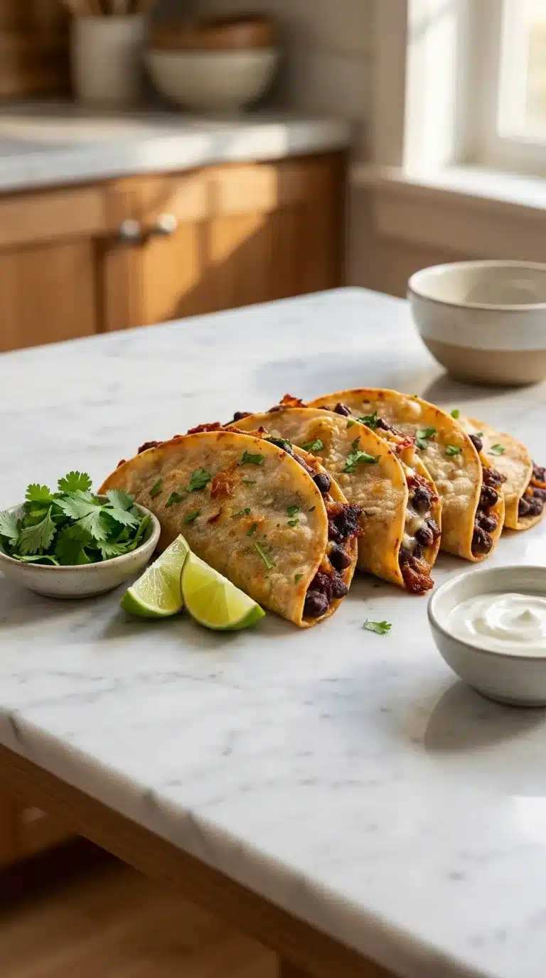 Photorealistic Crispy Black Bean Tacos, freshly baked, served as an everyday meal on white marble, natural daylight.