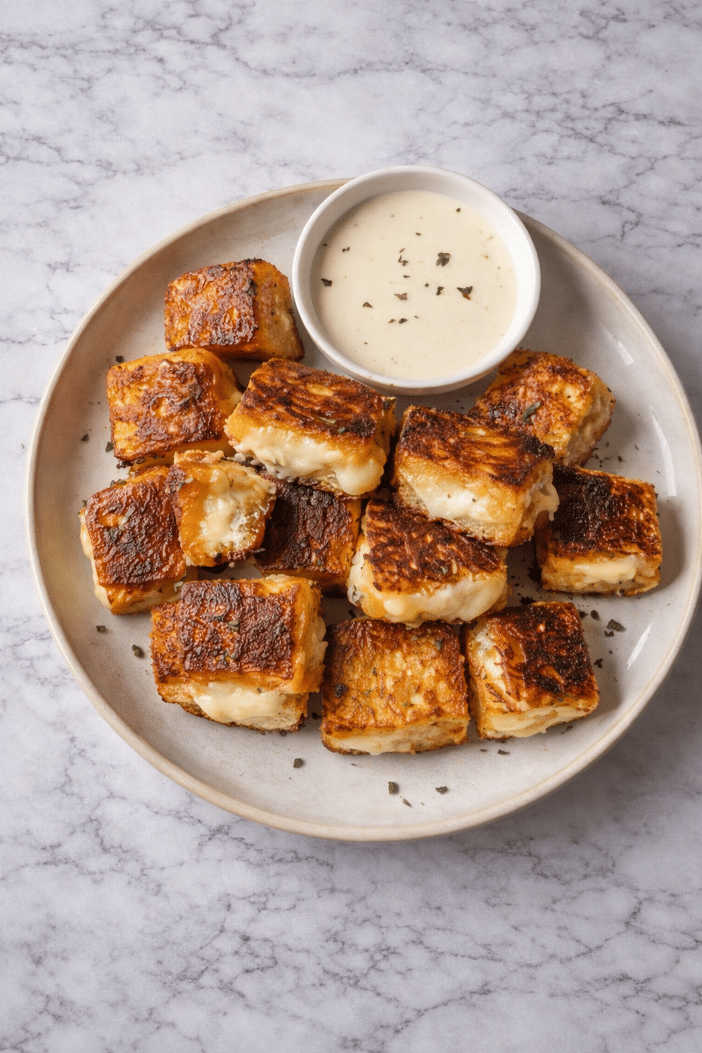 Hawaiian Roll Grilled Cheese Golden crispy cheese-stuffed potato bites served with creamy dipping sauce on a ceramic plate