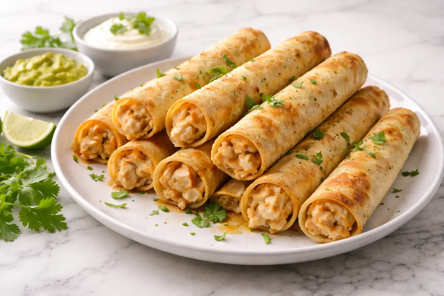 Crispy chicken taquitos baked until golden and filled with creamy chicken and cheese on a white plate