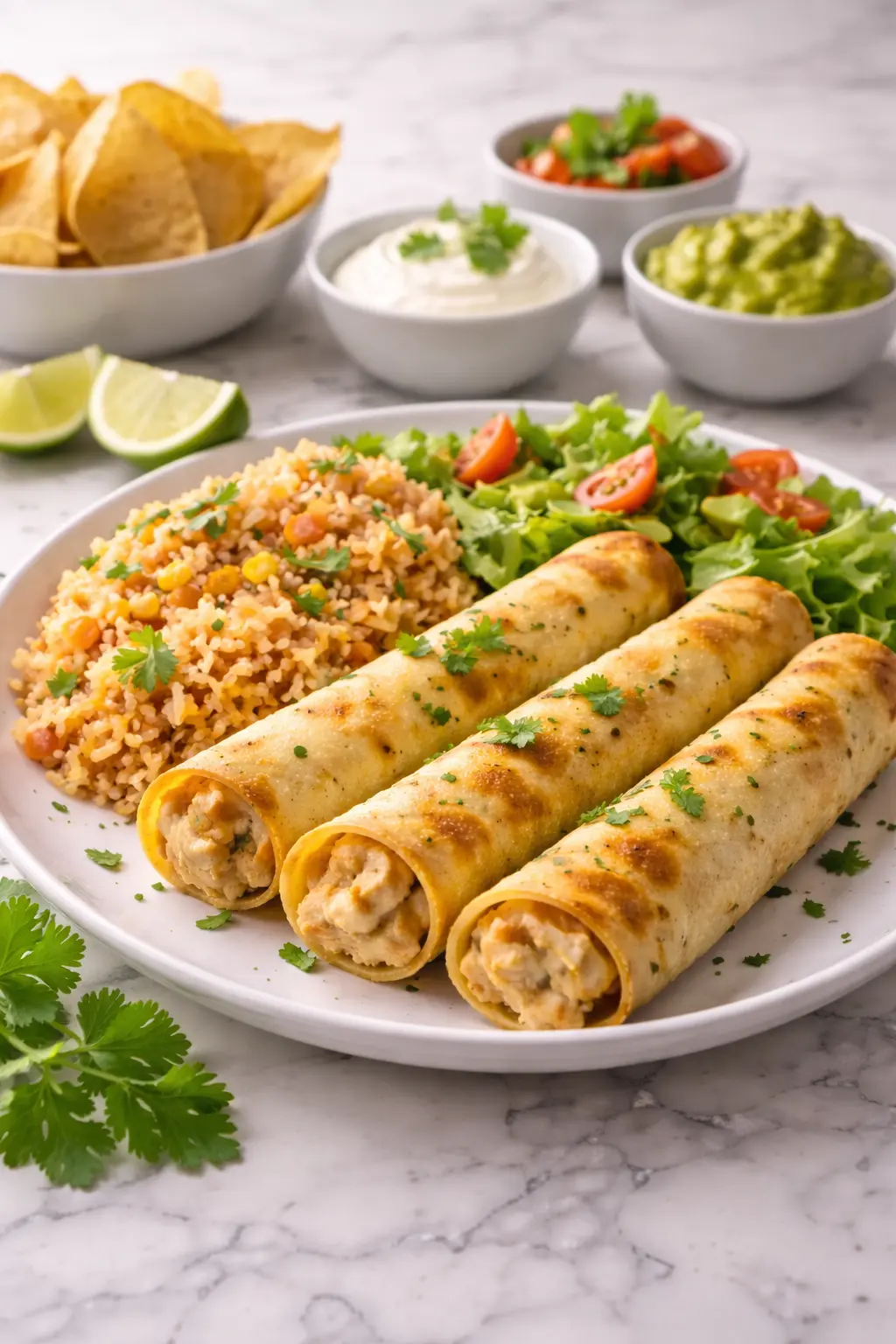 Crispy chicken taquitos served with rice, salad, and simple sides on a white plate