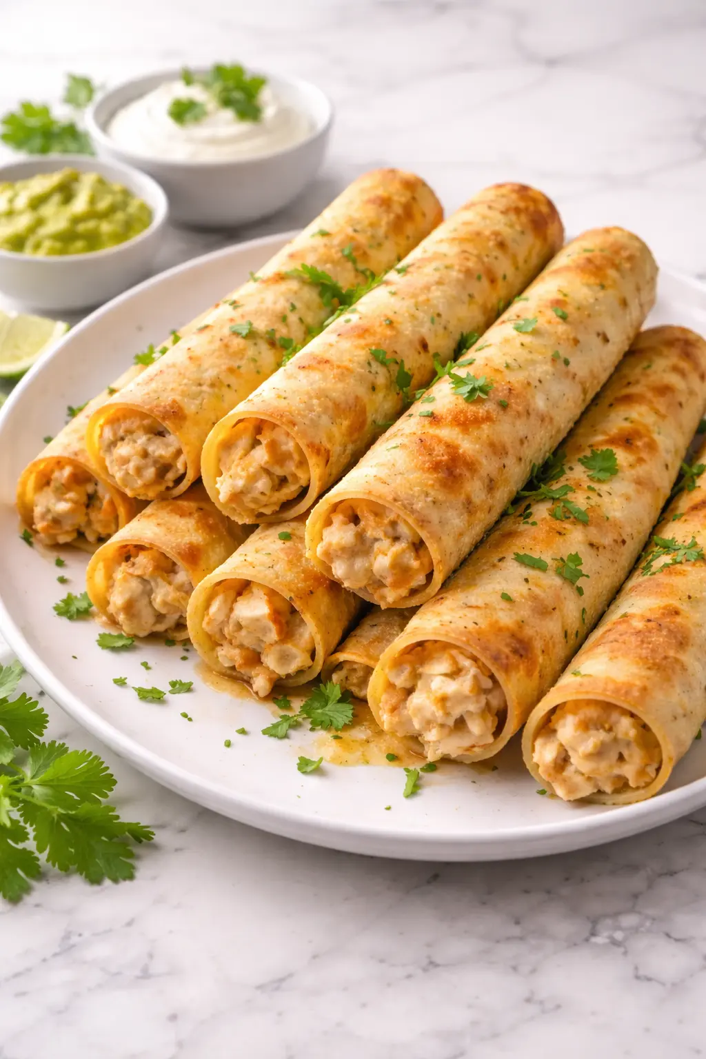 Crispy chicken taquitos baked until golden, stacked on a white plate with creamy chicken filling visible
